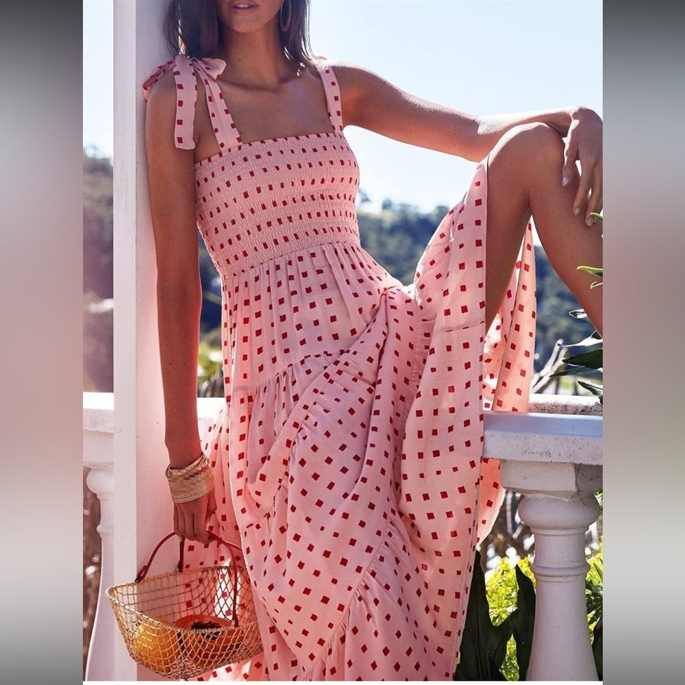 EUC Pink & Red Smocked Tie Shoulder Dress